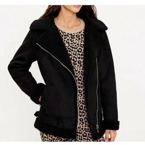 Ann Taylor LOFT Faux Suede Aviator Biker Jacket Black Silver xxs Ret: $210